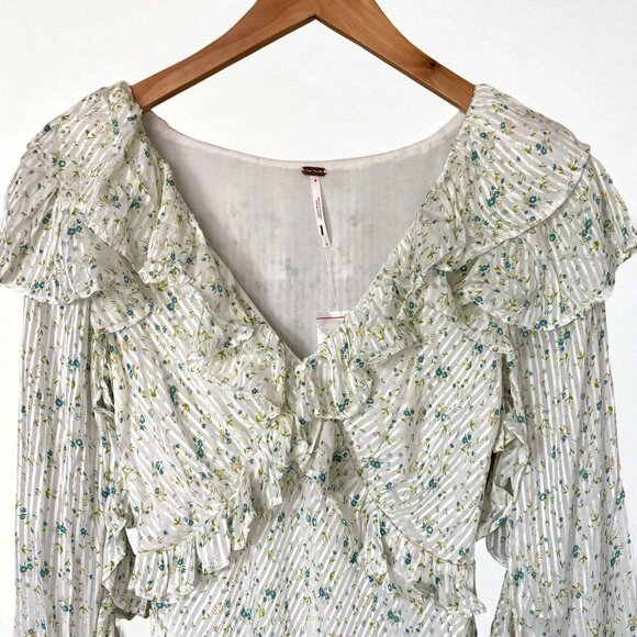 Free People Sweetest Thing Mini Dress with Ruffles White and Blue Floral Size 0 - Picture 3 of 14